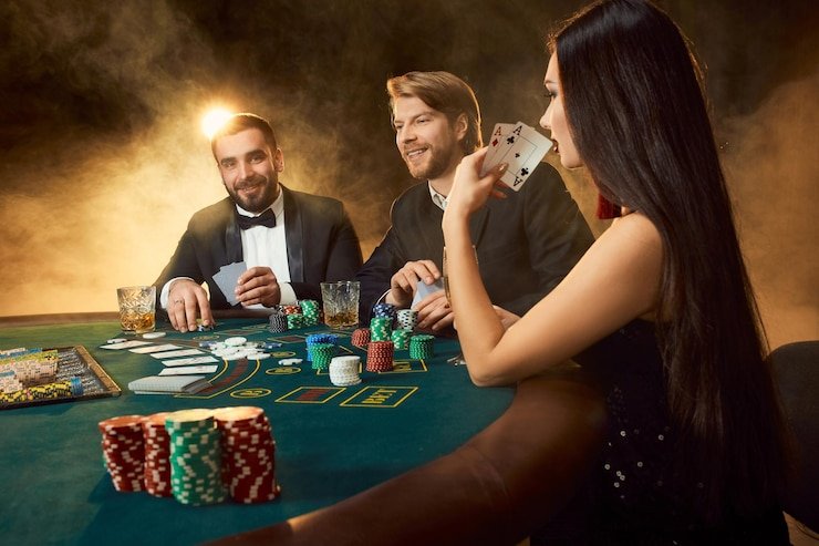 Studio kasino langsung dewa 89 menampilkan dealer Teen Patti dengan meja kartu dan antarmuka taruhan